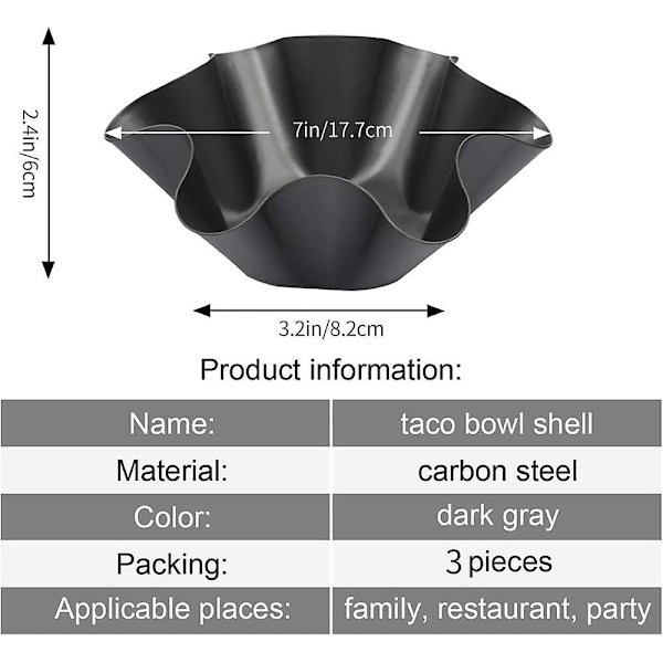 3-pack tortillaformar, nonstick tacoskalform, salladsskål, bakformar i kolstål för kök - svart, 6 tum (3)