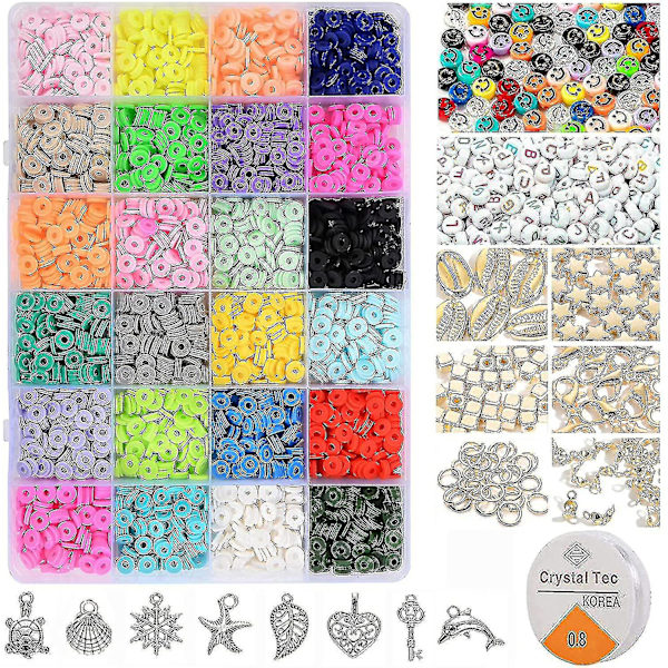 4000 st lerpärlor för smyckesarmband gör-det-själv-kit 6 mm 24 färger platt polymer