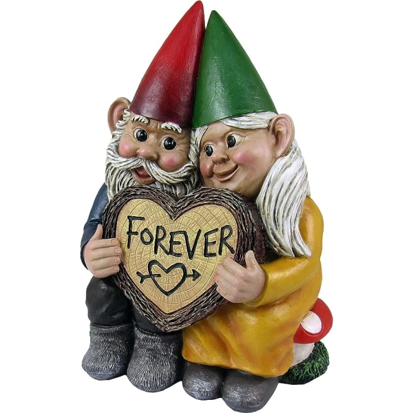 World of Wonders Gnome & Forever - Bedårande handmålade Gnome-par förälskade i hjärtformad Forever Wood Skiva Inomhus Utomhus Figurine Söt Romant