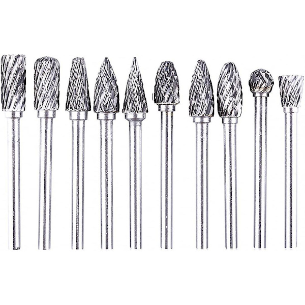 10 stk. 1/8\" Wolframcarbid Burr, dobbeltsidigt roterende burr 3mm skaft passer til Dremel roterende værktøjer gravering bits Milli