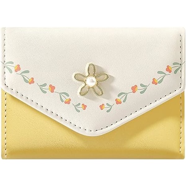 Kvinder Pige tegnebog Sød blomst Tri-fold tegnebog PU læder pung Slank kort tegnebog Lille Trifold kontant kortholder taske (gul)