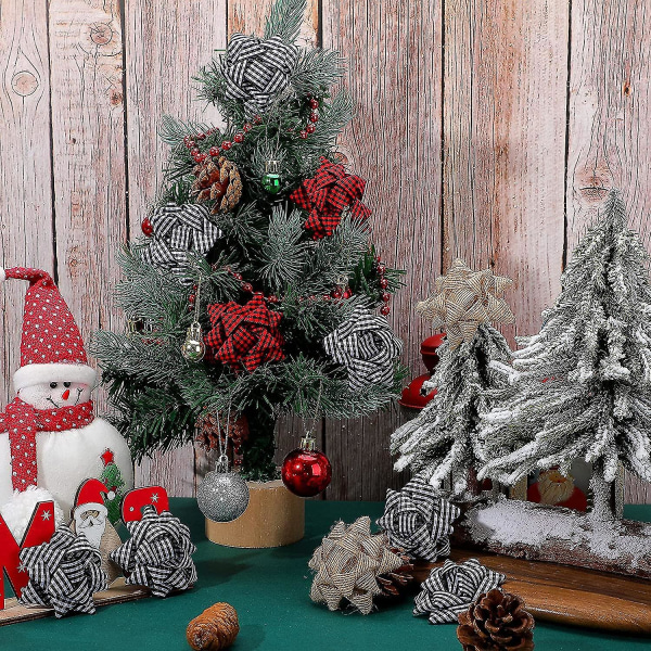 12 stycken julrosetter för presentinpackning Buffalo Pläd Presentbågar Röd Vit Svart Wrap-bågar Juvelbågar Mini Xmas Dekorativa rosetter