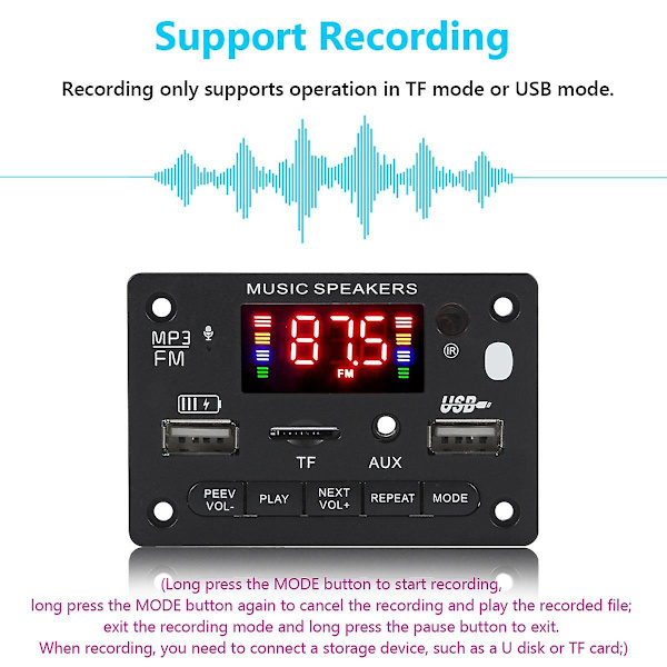 12V Bluetooth 5.0 MP3-spiller Dekoderkort 2x40W Bilforsterker FM-radiomodul Støtter TF USB Aux H