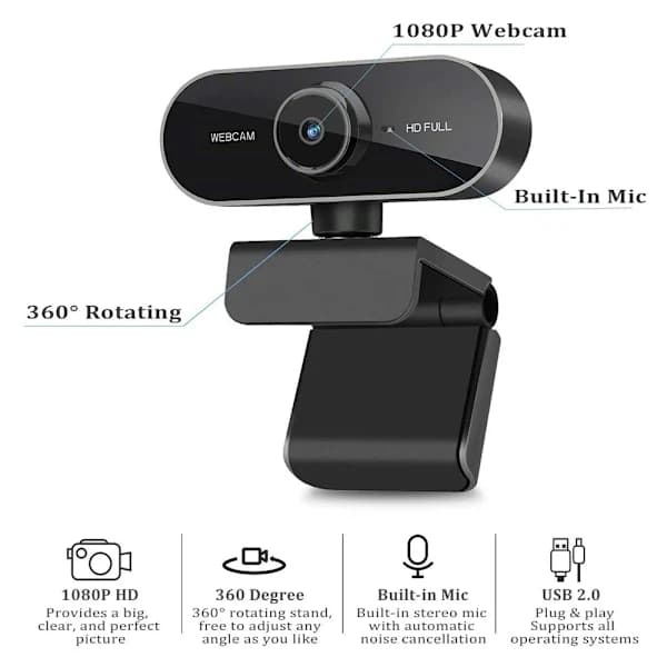 Webcam med mikrofon, Full HD 1080P webcam videokamera