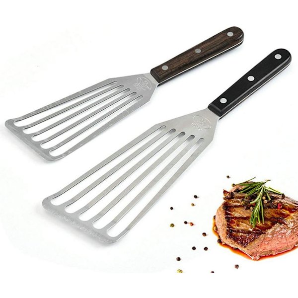 Fiskvändarset, 2 delar (11 tum & 12,5 tum), Professionell fiskspade, Trähandtag, Rostfritt stål fiskskiva, Non Stick F