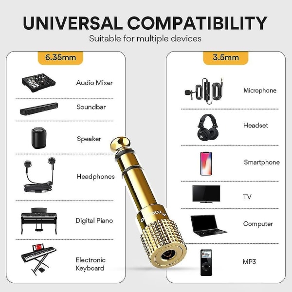 6,5 mm 1/4 han til 3,5 mm 1/8 hun stereohovedtelefonadapterkonverter, brugt til lydgrænseflade, mixer, guitar, elektrisk klaver, (forgyldt, 3 stk