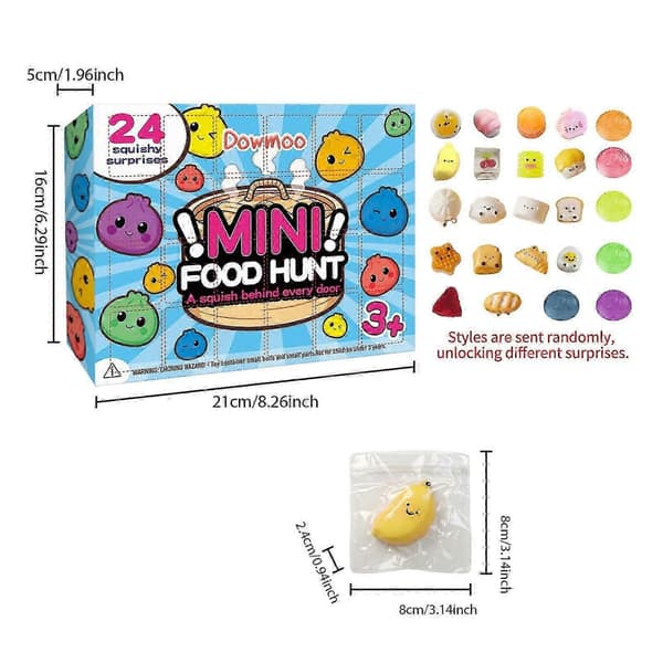 24 Mini Mad Squishy Julekalender 2026, Søde Mad-Tema Stressbold Sensorisk Fidget Legetøj, Blind Box Squishies til Børn og Samlere Alder 3+