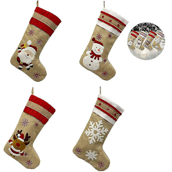 Ny Juteströmsjulstrumpa Set med 4 st Broderad Linne Juldekor