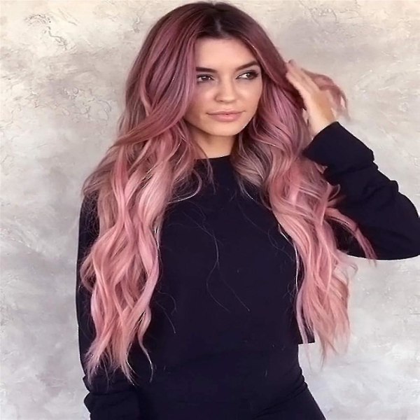 Fargerike lange rosa parykker for kvinner Naturlig syntetisk hårparykk med mørke røtter
