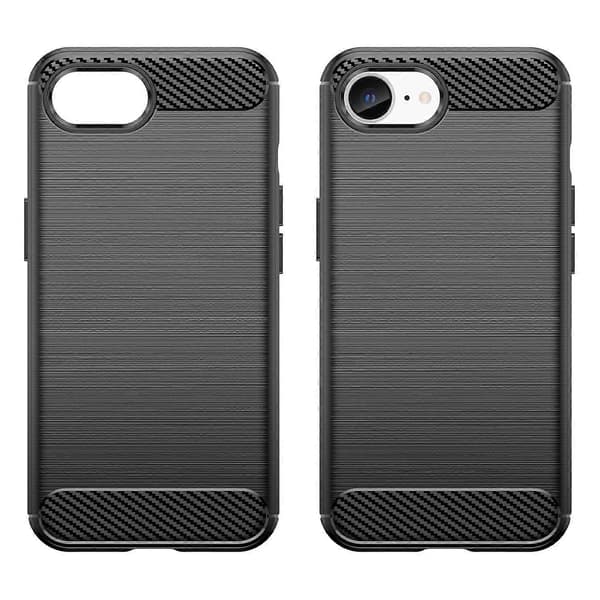 Til iPhone 16e etui kulfibertekstur fleksibelt TPU børstet telefoncover - sort