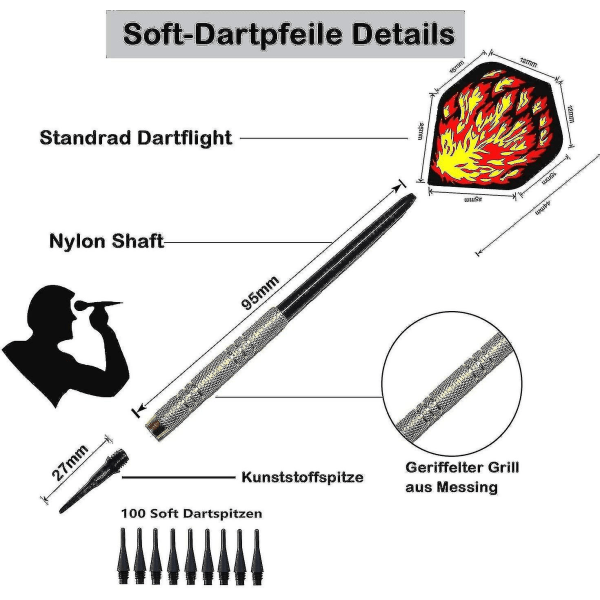 Dartset, 12 paket mjuka pilar med mjuka spetsar för elektronisk darttavla med extra 42 dartflygningar och 100 svarta plastdar