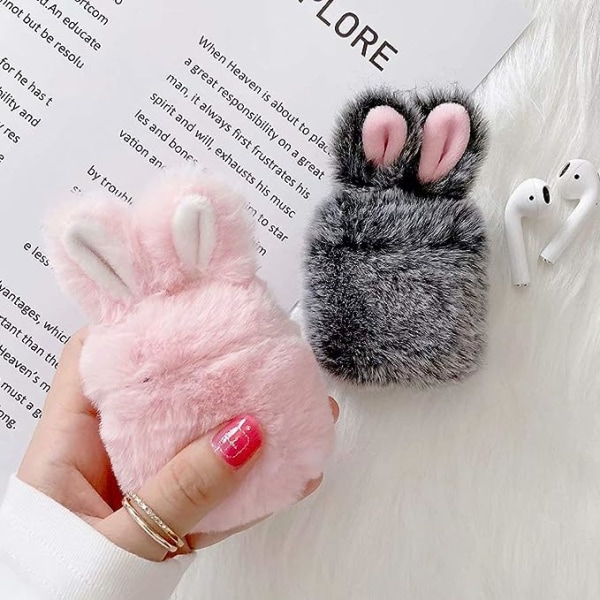 Fodral för Airpods 1 Fodral Airpods 2 Fluffy Rabbit Fodral Cover Plysch Päls Mode Söt Kaninöron Faux Päls PC Skyddande Fodral Resistent Fodral för Airpods