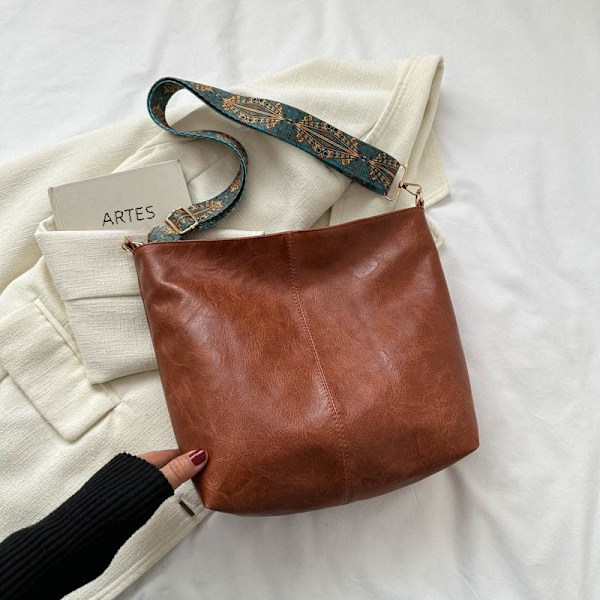 Kvinnors geometriska breda axelremsväska, stor kapacitet, crossbody-väskor, retro PU-läder, shopping- och resehandväska light brown 30x25x10cm