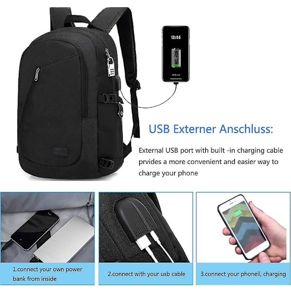 Stöldskyddande Laptop Ryggsäck 15,6 Tum Oxfordtyg Med USB-Laddningsport Vattentät Stor Skolväska För Pojkar Eller Kvinnor Svart