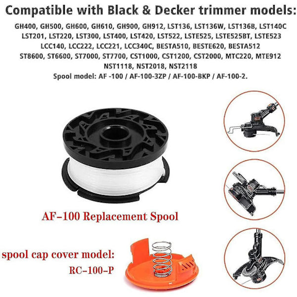 Linjespoler for Black Decker Trimmer Spoler, Nylongarn 9 M Lengde 1,65 Mm Tråddiameter Spoler + 1 Deksel + 1 Fjær for Black + Decker Trimmere