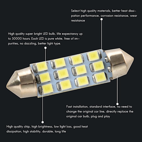 42mm 12 Smd 3528 Led Valkoinen Auton Sisätilan C5w Kupu Kanta Polttimo Valo Lamppu Dc 12v