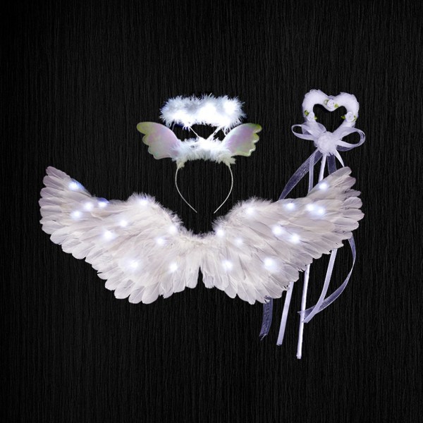 Angel Wings, valaisevat enkelin siivet ja halot led-valoilla, valkoinen Angel Wings -asu