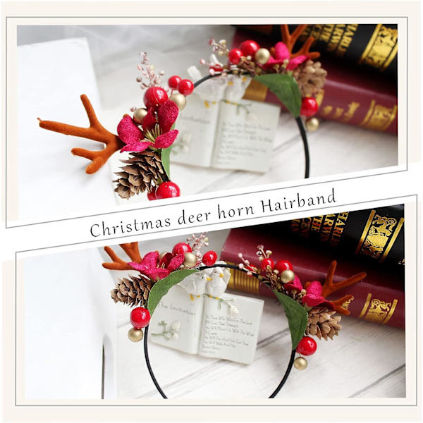 Juleblomst Hjort Hodebånd, Elg Hjort Dyr Horn Hodeplagg Hårstykke Halloween Jul Blomster Gevir Hårtilbehør for Kvinner Jenter