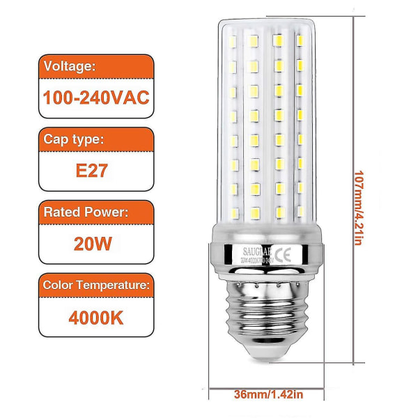 3 kpl 20w Led Corn-lamput, 150w vastaava hehkulamppu, 2300lm, 4000k neutraali valkoinen, E27 Edison-ruuvilamput