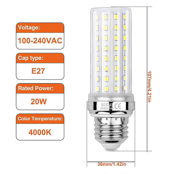 3 stk. 20W LED Majslys Pærer, 150W Ækvivalent Glødepære, 2300lm, 4000k Neutral Hvid, E27 Edison Skrue Lyspærer
