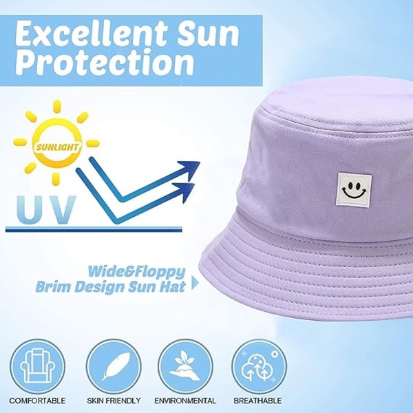 Solhatt for barn med smilende ansikt, bøttehatt for jenter og gutter, sommer solbeskyttelse bomull unisex strandlue