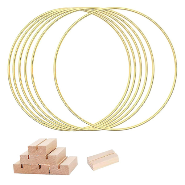 6 st 30 cm Metalliska Högringar för Bord, Gyllene Kransring med 6 st Träställ, Hoo