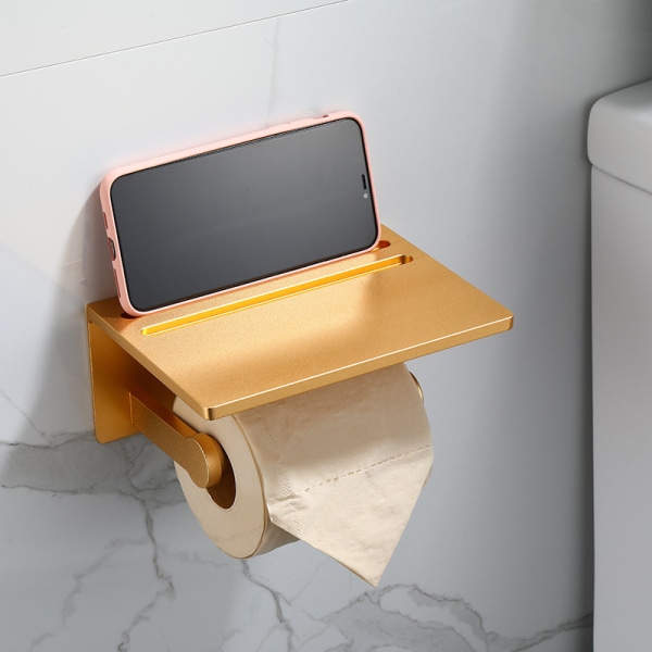 Smarthome Toalettpappershållare med hylla, rullautomat i aluminium med förvaringshylla för mobiltelefon för badrum, 3M självhäftande eller väggmonterad