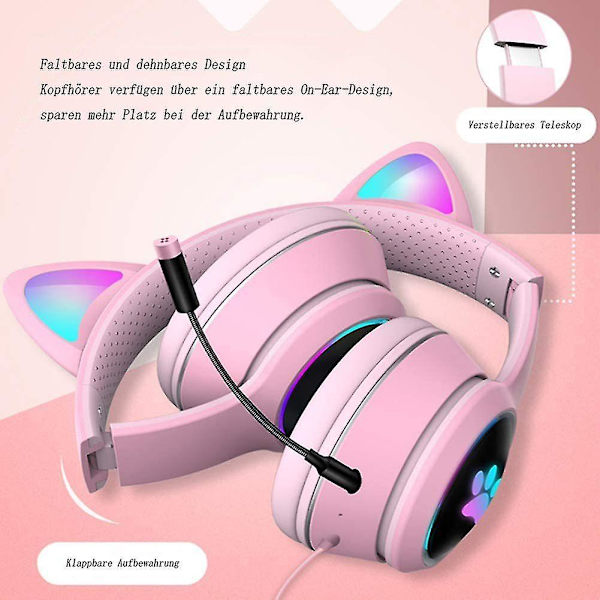 Hopfällbara spelheadset med kattöron och RGB LED-ljus Stereo-lurar med mikrofon USB 3,5 mm trådbundna over-ear-spelhörlurar