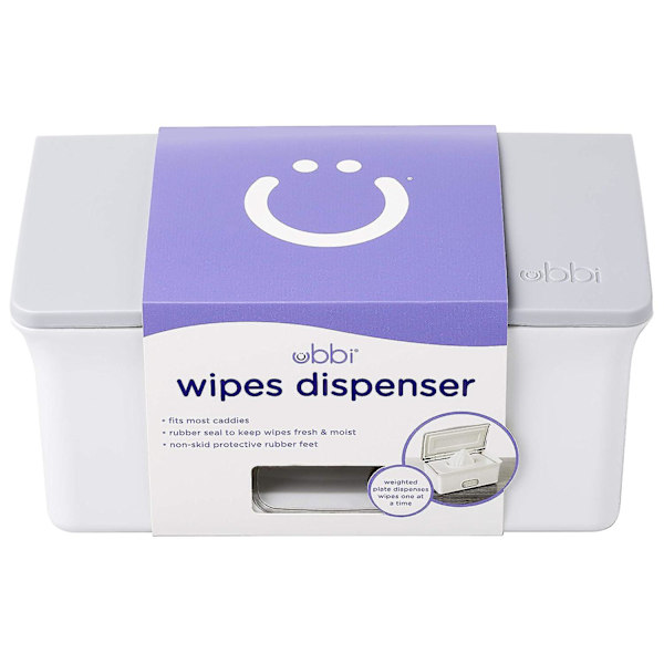 Baby vådservietter dispenser med vægtet plade og sikker forsegling, essentiel til børneværelset og babyregistret for at holde vådservietter friske, grå