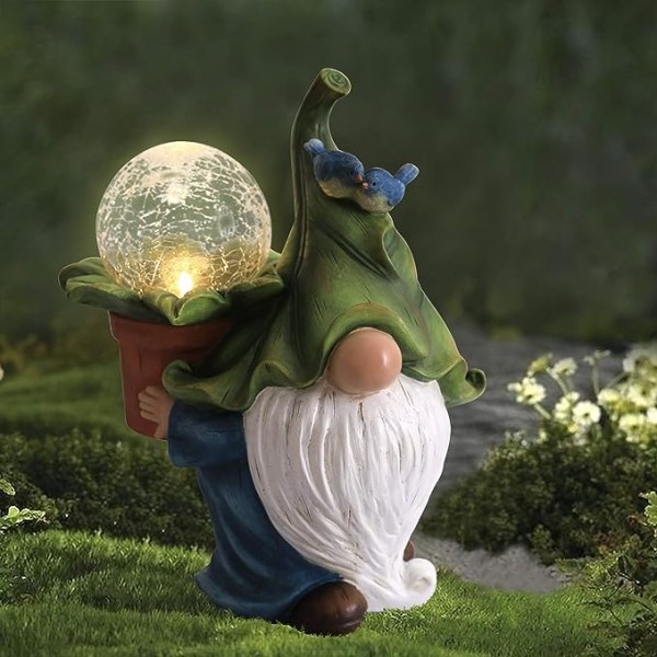 Trädgårdstomtarstaty - ' Resin Gnome-figur som bär magic klot med LED-solljus, utomhusdekorationer för uteplats, gräsmatta, prydnad