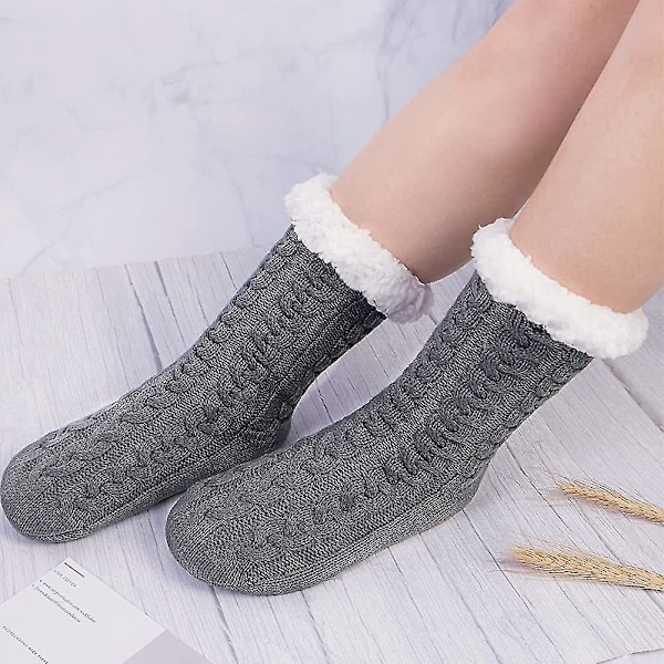 2 par tofflor fluffiga strumpor för kvinnor varma luddiga casual stickade strumpor sängtofflor halkfria present till dam