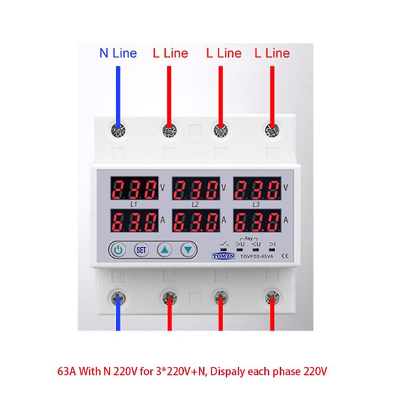 DIN-skinne 3-faset spenningsrelé 3p+n Voltmeter Amperemeter Over og Under Spenningsmonitor Reléer Protec