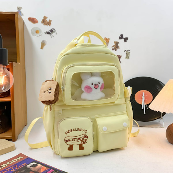 Ny melkehvit skolesekk for kvinner, frisk stil ryggsekk for ungdomsskoleelever Yellow +2 Pendants
