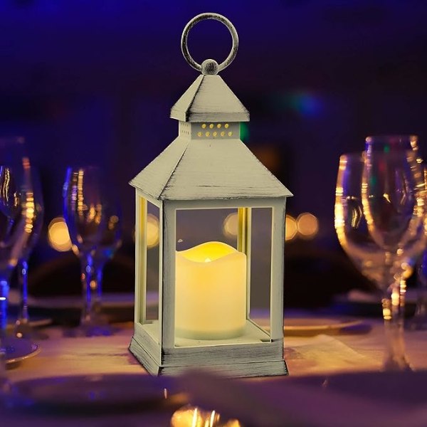 2 pakke hvite vintage lanterne dekorative stearinlyslykter med timer batteridrevne LED flimrende flammeløse stearinlyslykter for innendørs utendørsbord