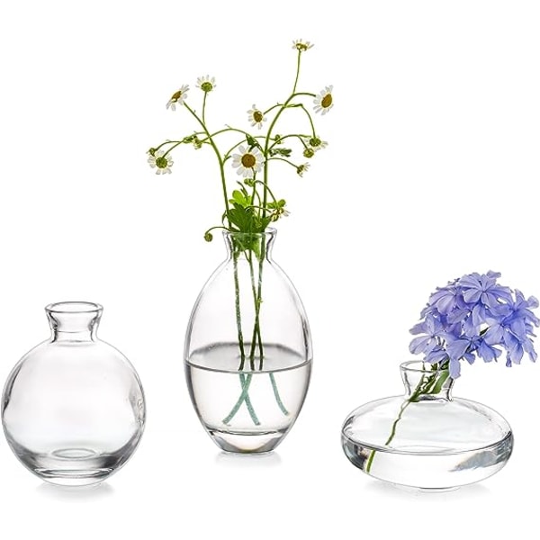 Vase i klart glass, 3 stk/sett Moderne dekorative små miniblomstervaser Korte minimalistiske estetiske hjemmedekor Vintage søt håndlaget bitteliten bryllupsfane