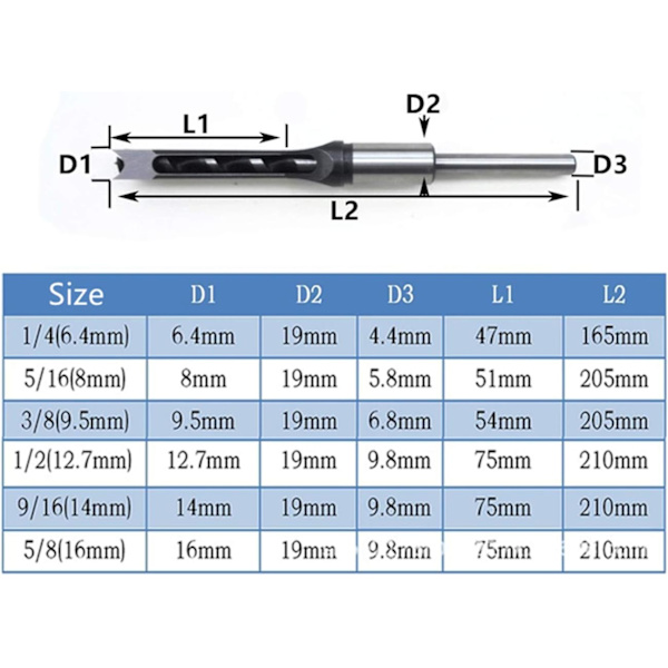 Högkolstål Träbearbetning Kvadratiska Hålborr Bits Mortising Mejslar Set, Träbearbetning Hål Såg Verktyg Mortise Mejslar Borr Bits Set (3/8 Tum (9,5mm))