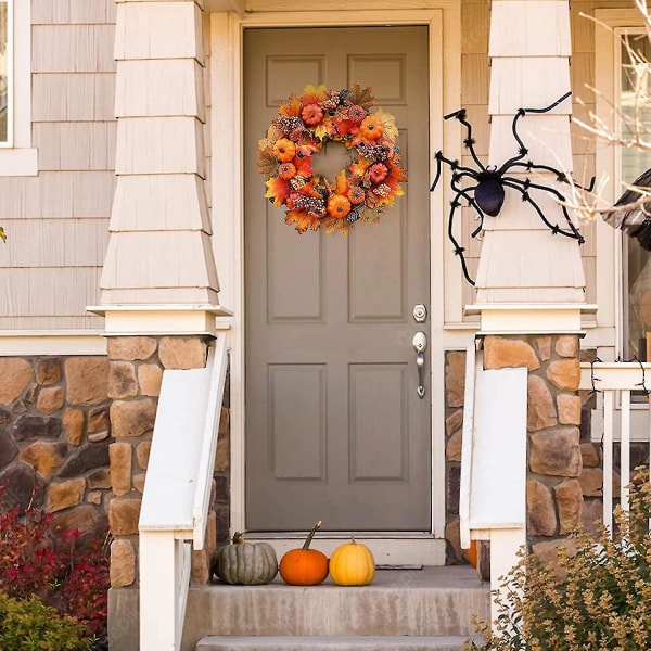 Ahornkrans til hoveddøren, falsk græskar Ahornbladsblomsterkrans til Halloween dekoration, 40 cm kunstig ahornkrans til hoveddøren, væg, vindue