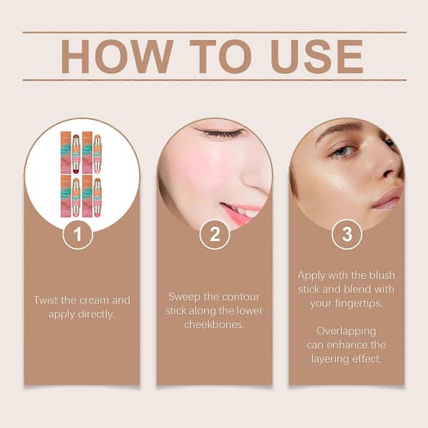 Multifunktionel Dobbelthovedet Contouring Stick | Pudderblusher & Setting Brush 2-i-1 Ansigtsmakeup Sæt Til Highlight Shading Tan + Magenta