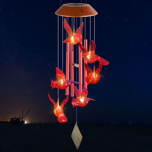 Solar vindklokker for ute - WANQDG 6 LED Cardinal Bird Wind Chime lys med 4 røde metallrør, musikk vindklokker Flott som gave til kvinner mamma Gr