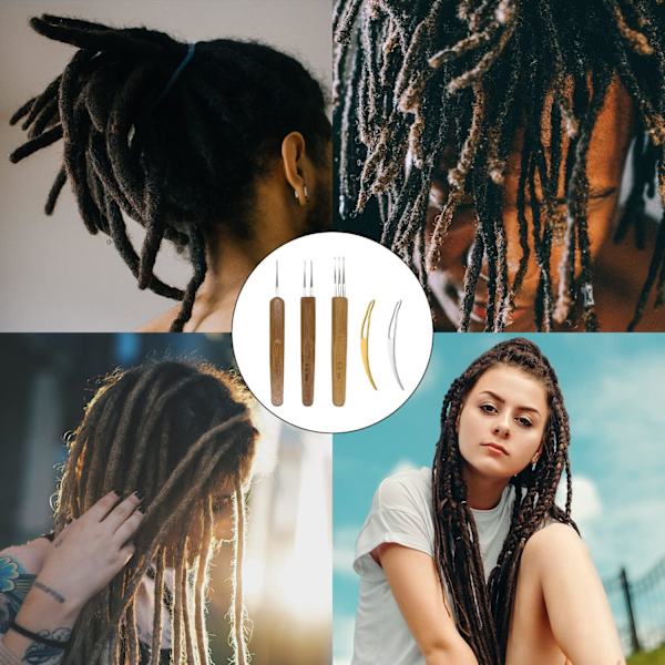 5 kpl Dreadlocks-työkalua, Dreadlock-koukkutyökalu, mukaan lukien 3 kpl Dreadlock-virkkuukoukkua eri koukku-neuloilla ja 2 kpl hiusten lukitustyökalua