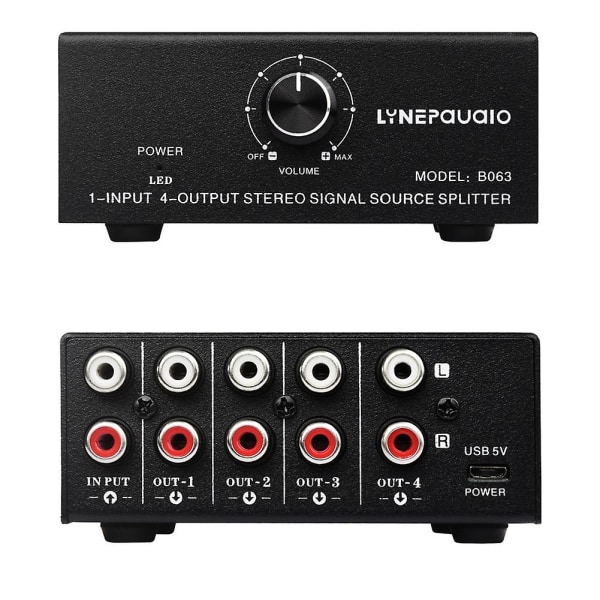 1 ind i 4 ud stereo signal kilde splitter lydfrekvens signal fordeler enhed ikke forbrug O