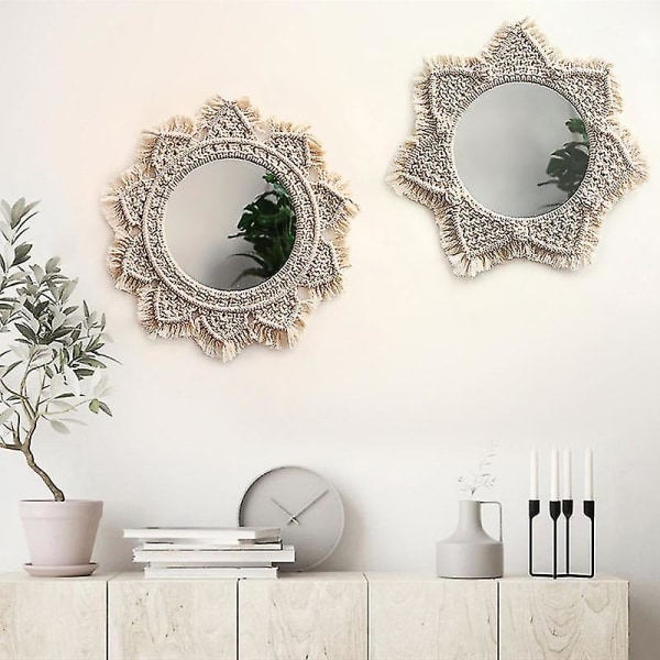 Ctmw Hengevegg Speil Med Makrame Kant Rundt Speil Kunst Boho Dekor For Leilighet Stue B