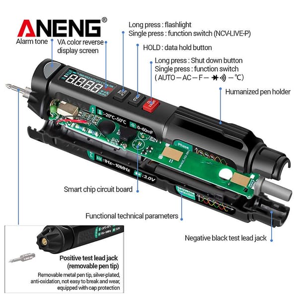 ANENG A3008 Digital 6000 Counts Intelligent Professional Multimeter Sensor Pen Tester Strømmåler