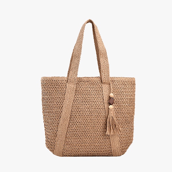 Kvinde Vævning Skuldertaske Håndlavet Halm Strandtaske Stor Kapacitet Rejsetaske Kvast Taske beige
