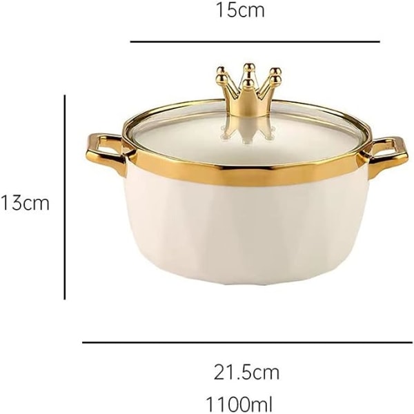 Keramisk Skål Nudelgryta Anti-brännskada Instant Sallad Gröt Gryta Guld Kant Bento Skål med Lock Krona Diamant Skärning (Färg: Grön, Storlek: 15cm*13cm*21.