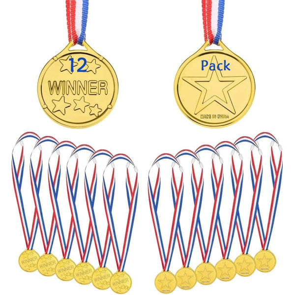 Guldvinnarmedaljer 12 stycken, barn, barns plast vinnarprismedaljer Olympisk stilmedalj med halsband, personliga festmedaljer för