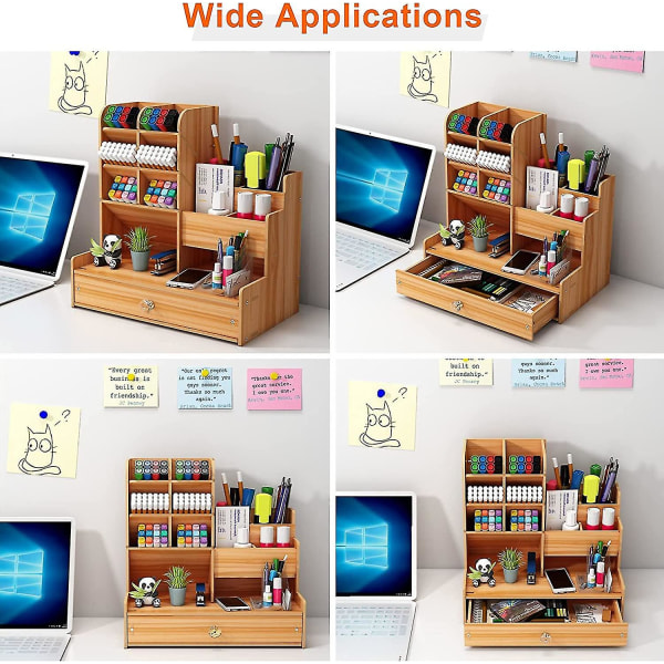 Träskrivbordsorganisatör Gör-det-själv Desktop Tidy Pennhållare Stor kapacitet pappersvaruförvaringslåda med låda för hem, kontor och skola (b