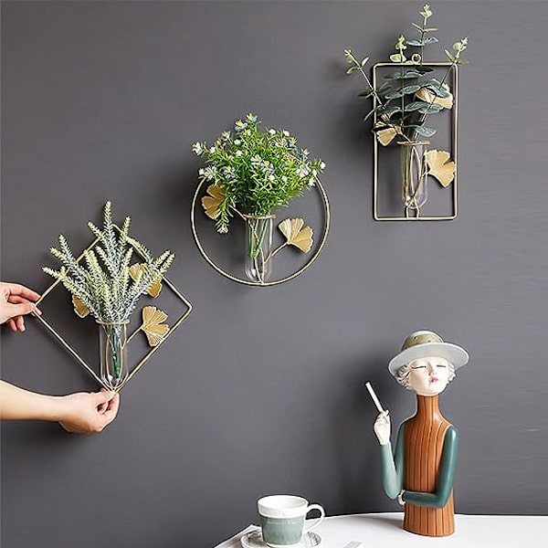 Hängande planteringsvas, väggmonterad växtterrariumblomvas glas provrörsodlare med geometrisk guldmetall växtupphängningsväggdekorbehållare Hom
