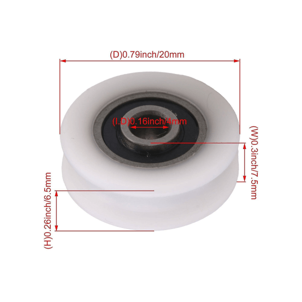 4st 4x20x6,5x7,4mm Vit inre diameter 4mm U-spår Nylon remskiva hjul för skjutdörr