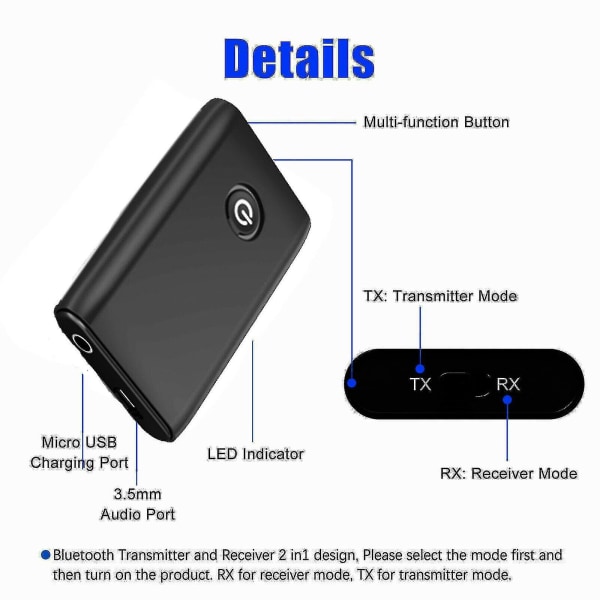 5.0 Bluetooth-sendermodtager, Jack-hjælpeadapter 5.0 Bluetooth-sendermodtager, Jack-hjælpeadapter